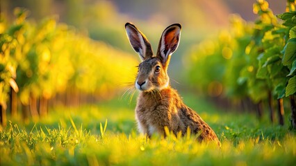 Obraz premium European Hare in Spring Vineyard Sunset Portrait