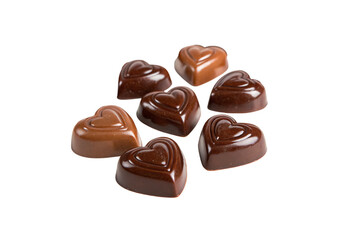 A mix of glossy milk and dark chocolates, all heart-shaped, showcasing smooth, elegant textures, and rich tones in a delightful cluster, isolated on a transparent background