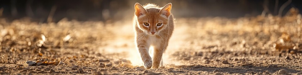 A cat walks across a dry grassy field
