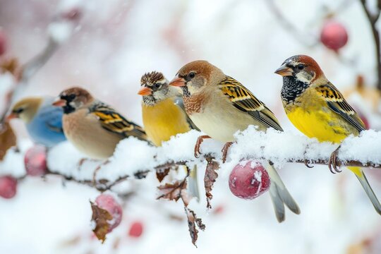 A group of birds perched on a snowy tree branch, enjoying the winter scenery - Powered by Adobe