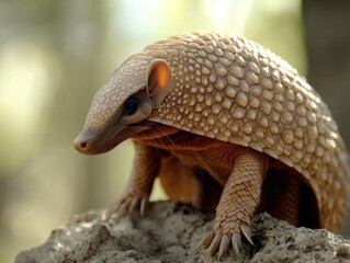 Obraz premium A small brown and white animal with a shell on its back. The shell is made of many small bumps