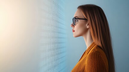 Young caucasian woman in glasses facing digital code display