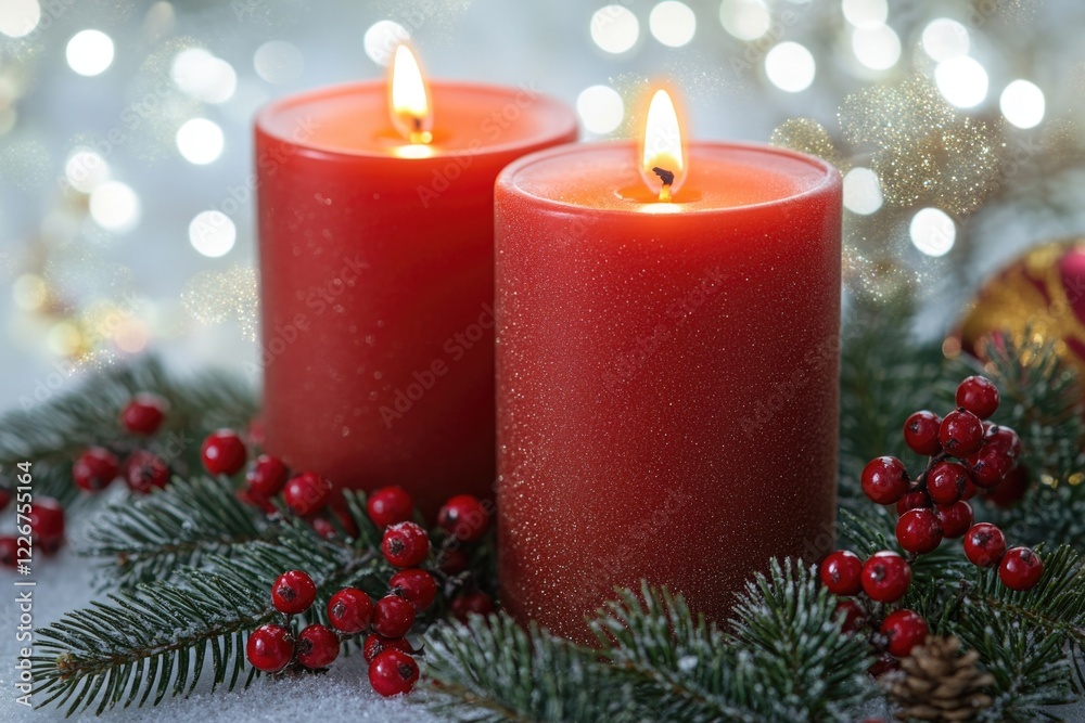 Poster Two lit red candles placed side by side on a table