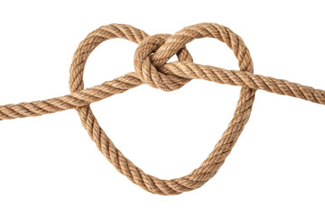 A single piece of rope tied into a wide, heart-shaped knot, with detailed twists and natural texture, isolated on a transparent background
