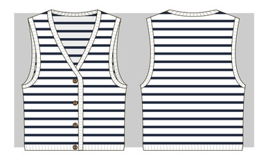 Knitted vest top with marine buttons and stripes. Technical sketch.