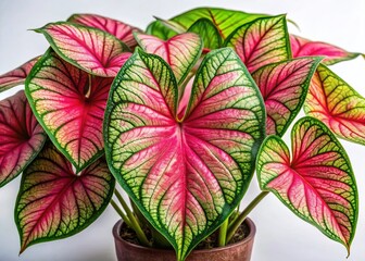 Obraz premium Exotic Caladium Florida Sweetheart Close-up, Pink Green Leaves, White Background, Fashion Photography