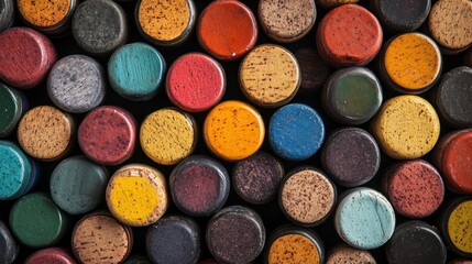 Collection of colorful French wine corks arranged in a charming display