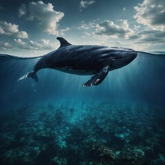 Fototapeta premium A whale floating between reality and fantasy, an endless traveler.