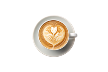 A white cup filled with creamy latte, topped with intricate heart-shaped foam art, isolated on a transparent background