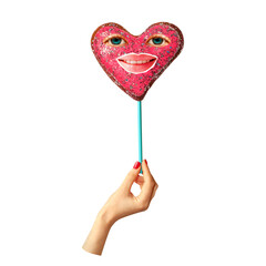 Funny collage element for Valentine's Day. The hand holds a pencil on which there is a cookie heart with a human face.