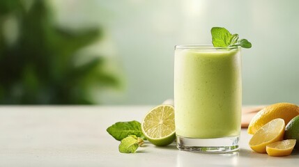 Fototapeta premium Refreshing Green Smoothie with Fresh Lime and Mint Leaves for a Healthy Lifestyle and Nutrition Focused Diet