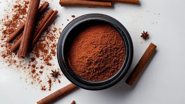 Bowl of cinnamon powder is on a white background. The cinnamon sticks are scattered around the bowl