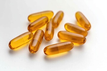 A collection of yellow pills placed on a table, often used in medical or pharmaceutical settings