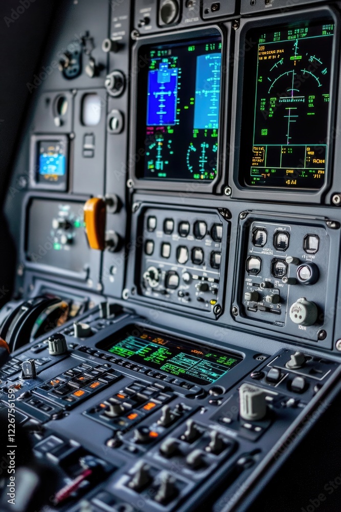 Aufkleber Close-up shot of airplane control panel with various buttons and levers