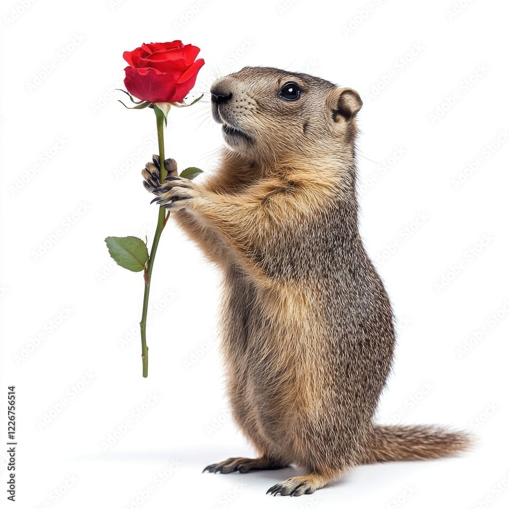 Poster a close-up of a ground squirrel grasping a bright red rose with its front paws