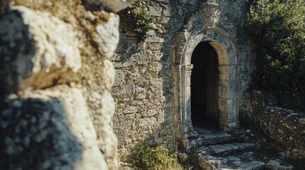 A historic stone building with a single doorway, suitable for use in historical or architectural contexts