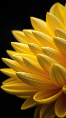 Macro shot of yellow and gray dahlia petals adorned with dew drops on dark surface, petals, macro, dark, yellow