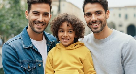Fototapeta premium Happy family moment with two young caucasian men and a child in a park setting