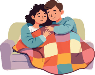 Young couple embracing on sofa under patchwork quilt, sharing warmth and affection