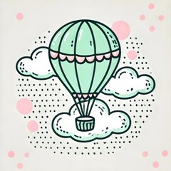 Obraz premium Hand-drawn illustration of a pastel green hot air balloon floating among clouds, surrounded by decorative dots and pink accents. 