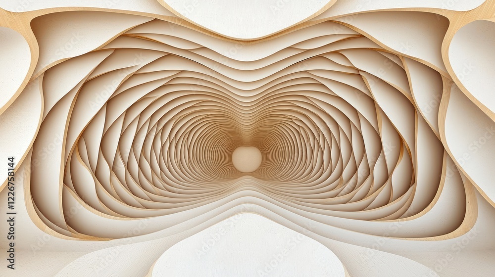Poster abstract symmetrical design of layered curves and waves creating a 3d illusion of depth and space