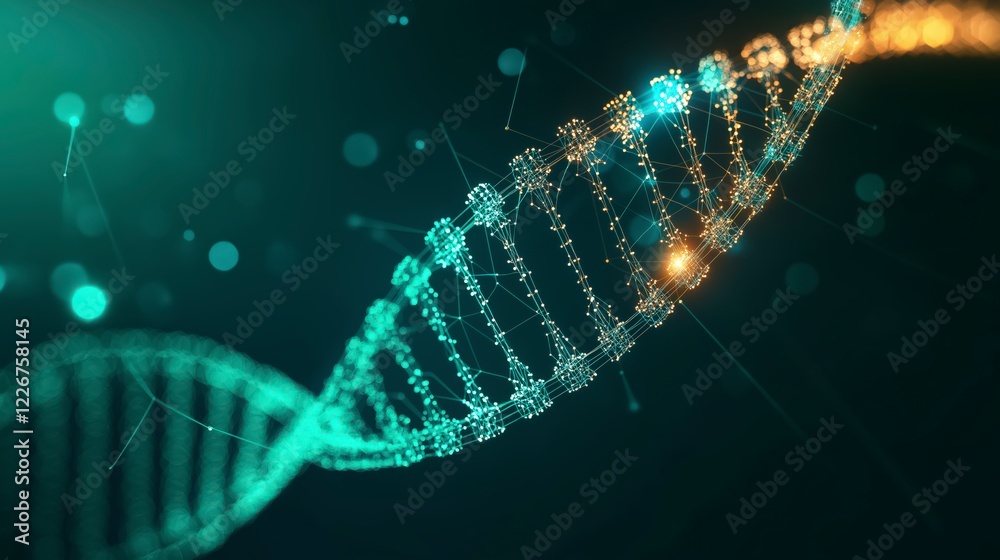 Poster abstract representation of dna helix with colorful particles in a modern science concept background
