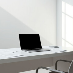 Minimalist office background with laptop and papers, workspace, productivity