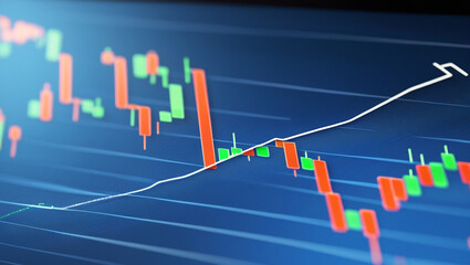  Detailed Stock Market Candlestick Chart with Investment Analysis on Digital Display