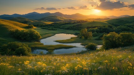 Rolling hills and lake at sunset scenery  

