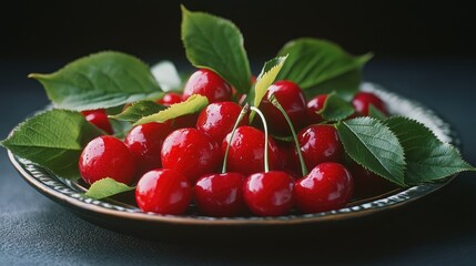 A plate of red cherries with green leaves on top. The cherries are ripe and ready to be eaten
