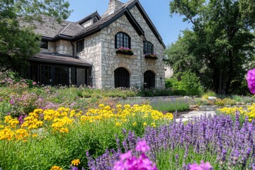 Charming stone house surrounded by vibrant flower garden in a sunny season, creating a picturesque landscape of nature and architecture