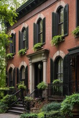 Fototapeta premium This historic red brick townhouse, adorned with elegant shutters, is surrounded by lush greenery, creating a serene ambiance in an urban environment during the early evening hours