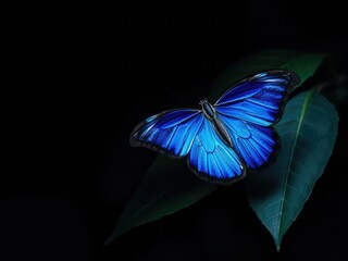 Morpho butterfly perched on a leaf in a dark blue environment, its vibrant blue color standing out against the dull background, colors, macro, dark background