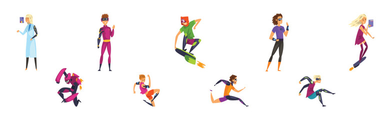 Human Cyborg and Man and Woman Character with Futuristic Prosthesis Vector Set