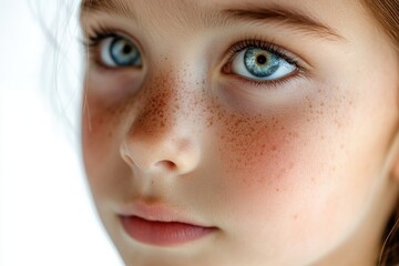 Obraz premium Close-up photo of a young girl with freckles on her face, ideal for use in personal or commercial projects