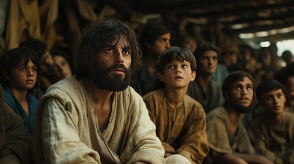 Jesus with his middle aged disciples crowded in his small workshop. The disciples facing Jesus One young boy sits high in the rafters.