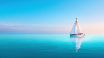 Obraz premium Quiet Water Serene Calm ocean surface with a distant sailboat, soft blue and white tones, evokes a feeling of peace and tranquility
