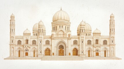 Naklejka premium Grand Architectural Illustration of Historic Palace with Domes and Arched Entrances for Design Inspiration