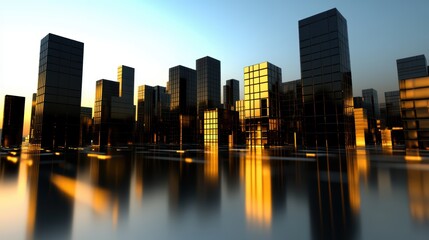 Obraz premium Futuristic skyline with reflective glass skyscrapers at sunset