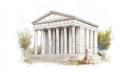 Fototapeta premium Ancient Greek Temple Surrounded by Lush Greenery with Classic Architecture and Timeless Beauty in Watercolor Style
