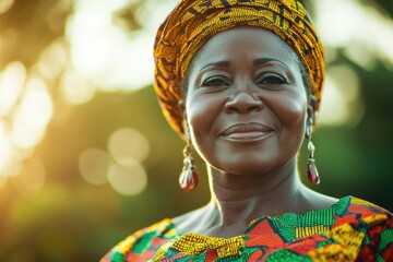 Fototapeta premium A cheerful woman wearing a colorful dress and turban poses for the camera, perfect for use in lifestyle or cultural images