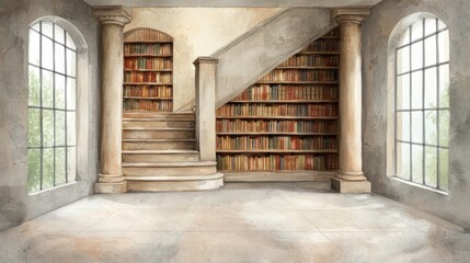 Elegant interior of a vintage library with spiral staircase and large windows inviting natural light