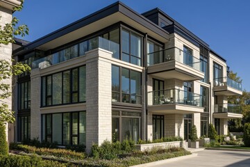 A contemporary residential building showcases expansive glass windows and spacious balconies, beautifully situated in a serene suburban environment during the daylight hours