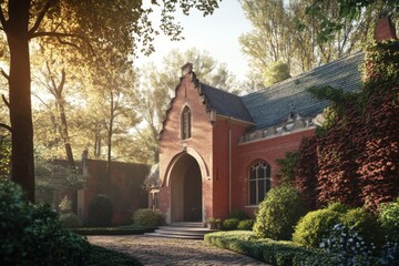 Obraz premium A stunning historic structure stands majestically, enveloped by vibrant greenery, while basking in the gentle glow of the early morning light