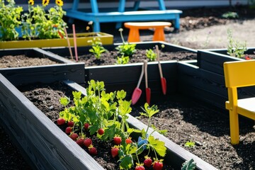 Childrens Garden with Edible Plants: Raised beds filled with strawberries, carrots, and sunflowers. Small gardening tools and a colorful bench are nearby