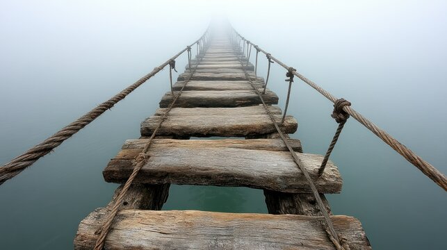 Fototapeta Foggy rope bridge, misty lake, journey, uncertainty