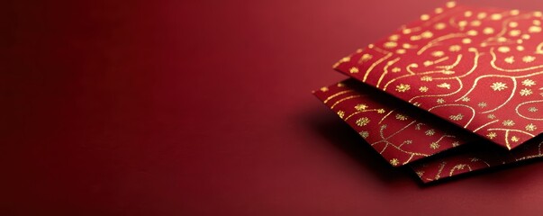 Red envelopes with gold patterns on burgundy background for celebrations and festivities