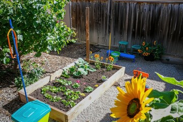 Childrens Garden with Edible Plants: Raised beds filled with strawberries, carrots, and sunflowers. Small gardening tools and a colorful bench are nearby