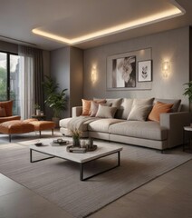 Open-plan lounge, sectional sofa, coffee table, modern lighting ,  interior,  modern lighting