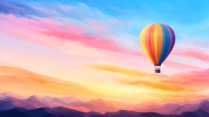 Obraz premium Colorful Hot Air Balloon Over Scenic Mountain Landscape